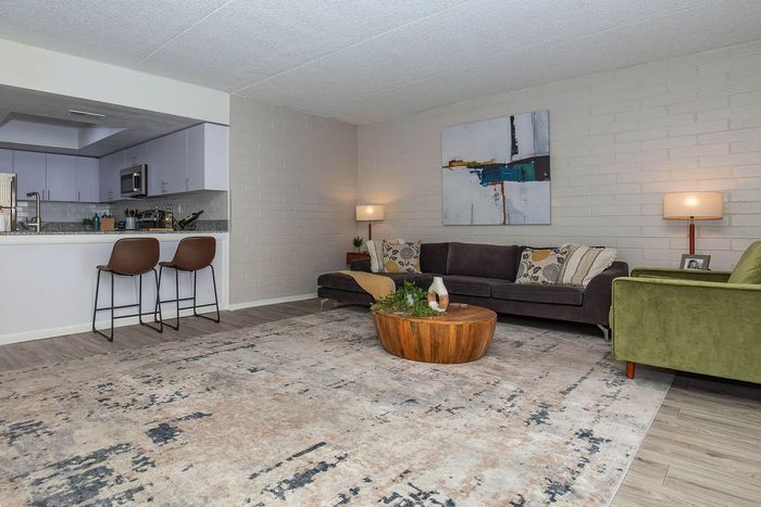 Modern open-concept living area with cozy seating, stylish decor, and a chic kitchen breakfast bar.