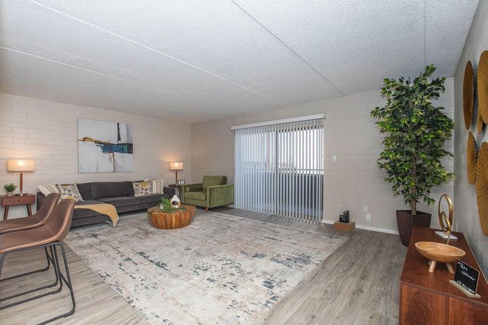 Chic modern living room with stylish decor, featuring a cozy gray sofa, a green armchair, and a large patterned rug. Natural light filters through vertical blinds, enhancing the inviting ambiance.