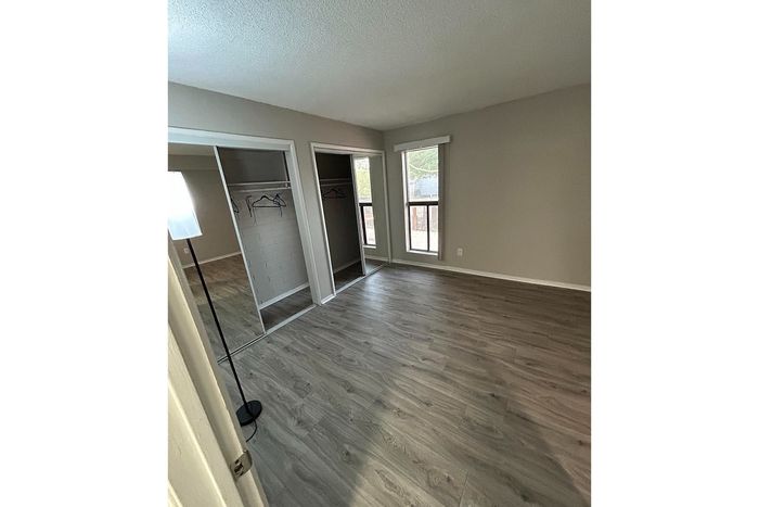 Bright, modern bedroom with large windows, sleek hardwood floors, and spacious closets.