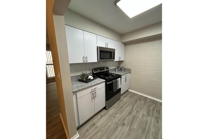 Modern kitchen with sleek granite countertops, stainless steel appliances, and spacious cabinetry, offering a contemporary and functional cooking space.