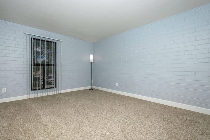 Bright, spacious room with modern gray brick walls and plush carpet flooring, featuring a tall window with vertical blinds and a sleek floor lamp.