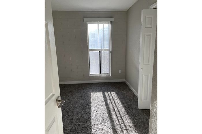 Cozy bedroom with soft carpeting and a large window letting in abundant natural light.