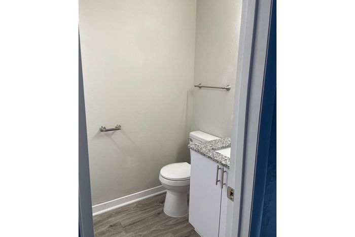 Modern bathroom with elegant gray granite countertop, sleek cabinetry, and chic wood-patterned flooring.