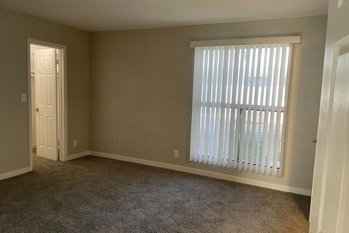 Inviting empty room with plush carpeting and large window with vertical blinds, offering ample natural light.