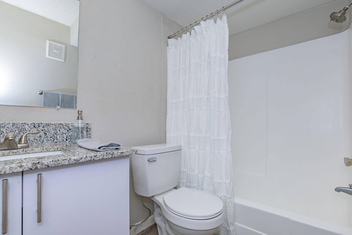 Modern bathroom with elegant granite countertop, sleek faucet, and pristine white shower curtain for a refreshing ambiance.