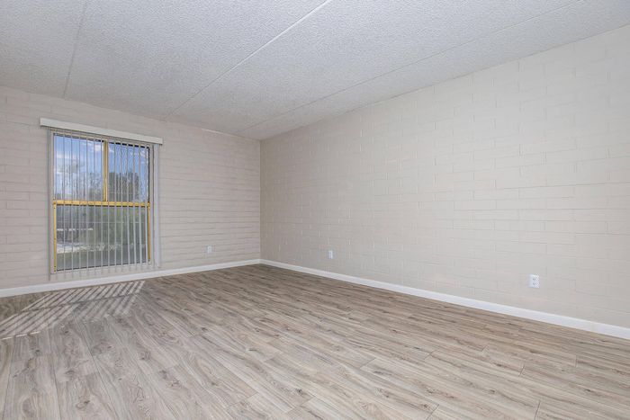 Bright and spacious room with elegant wood flooring and large window, perfect for natural light enthusiasts.