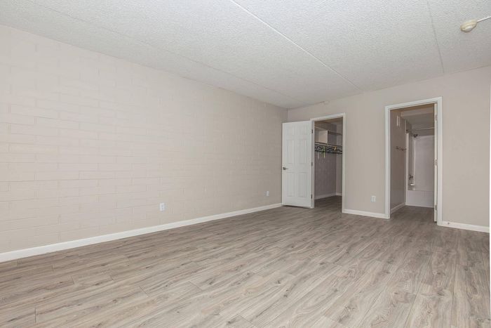 Bright, spacious bedroom with elegant wood flooring, a walk-in closet, and modern bathroom access.