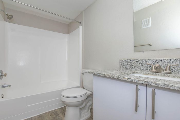 Elegant bathroom featuring a modern bathtub, sleek granite countertop, and stylish faucet in a newly renovated apartment.