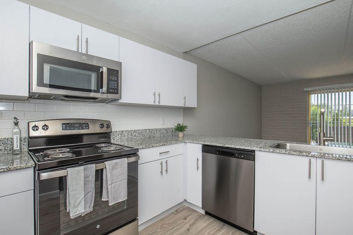 Bright and modern kitchen with sleek granite countertops, stainless steel appliances, and ample cabinet space, overlooking a sunny living area.