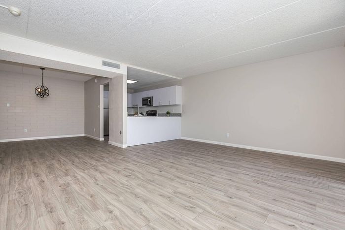 Spacious living area with modern wood flooring and sleek open kitchen design featuring contemporary lighting.