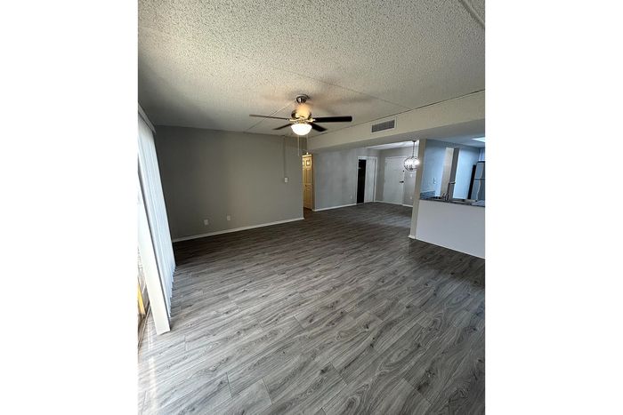 Spacious open-concept living area with elegant wood-style flooring, modern ceiling fan, and ample natural light.