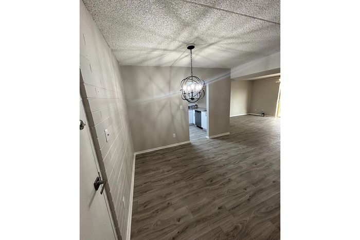 Chic apartment interior with modern lighting, sleek flooring, and an open layout leading to a bright kitchen.