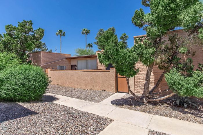 Charming desert-style apartment with terracotta walls, vibrant greenery, and a clear blue sky backdrop.