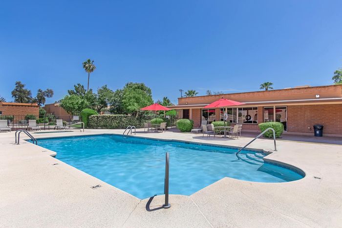 Inviting outdoor pool area with sun loungers, red umbrellas, and lush greenery under a clear blue sky.