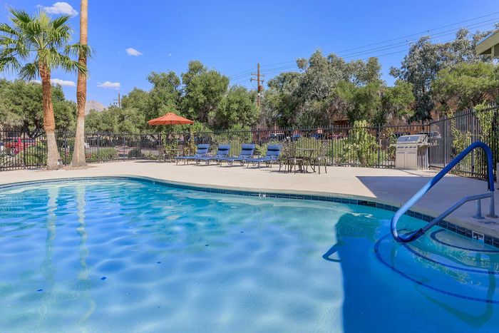 Inviting outdoor pool area with sparkling blue water, surrounded by lush greenery and comfortable lounge chairs under a sunny sky.