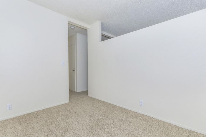 Modern apartment interior with plush carpet flooring, bright white walls, and a cozy hallway leading to the rooms.