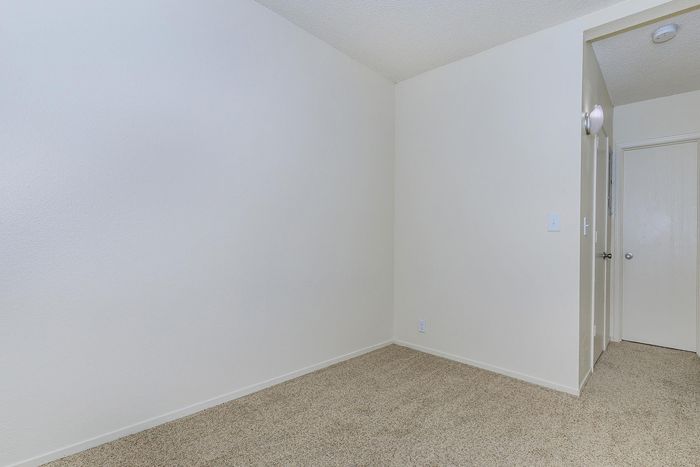 Bright and spacious room with plush carpeting and fresh white walls, perfect for personalization.