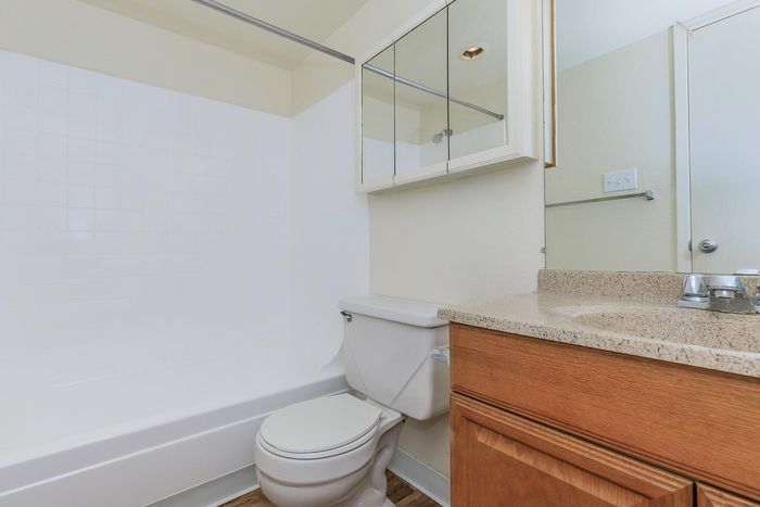 Modern bathroom featuring a sleek vanity with ample storage and a bright, fresh bathtub area.