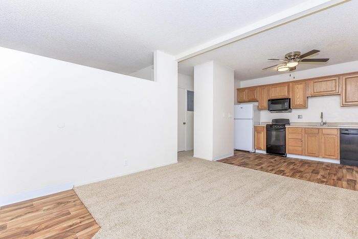 Charming open-plan living space featuring a modern kitchen with wooden cabinetry, sleek appliances, and ceiling fan, complemented by a blend of plush carpeting and elegant hardwood flooring.