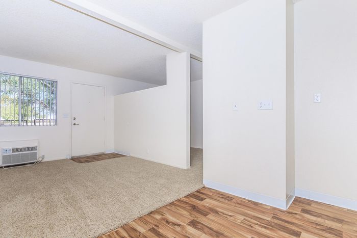 Bright living space with plush carpet and elegant wood flooring, featuring a large window and modern air conditioning unit.