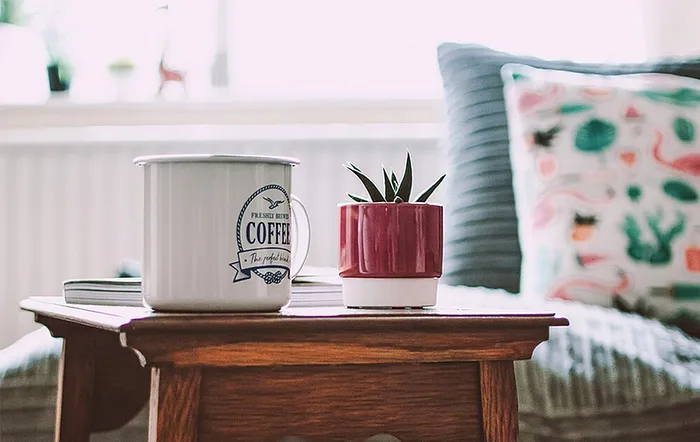 Cozy living space with a stylish coffee mug and plant on a wooden table, set against a vibrant cushion backdrop.