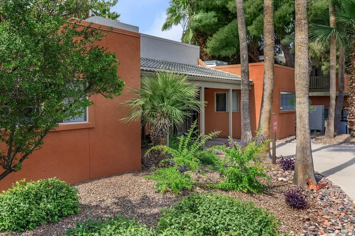 Charming desert-style apartment exterior with vibrant orange walls, lush greenery, and tropical palm trees.
