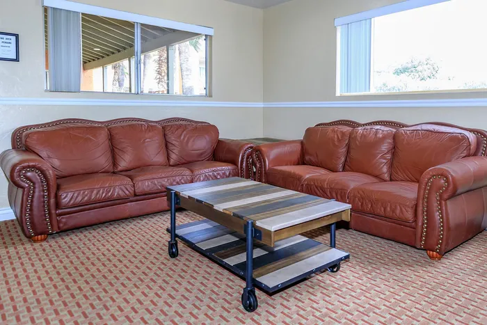Inviting living room with plush brown leather sofas and a stylish wooden coffee table, perfect for relaxing and entertaining.