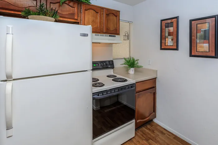 Charming kitchen with warm wooden cabinets, sleek white appliances, and stylish decor accents.