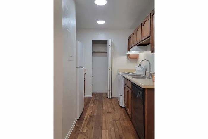 Modern galley kitchen with sleek wood flooring and ample cabinetry, featuring a convenient countertop layout and built-in appliances.