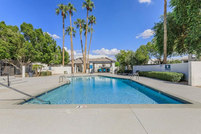 Inviting outdoor pool area with lush greenery and tall palm trees against a clear blue sky, ideal for relaxation and leisure.