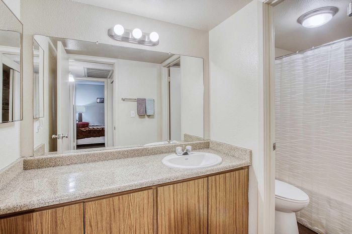 Modern bathroom with elegant fixtures, ample counter space, and a view into a cozy bedroom.
