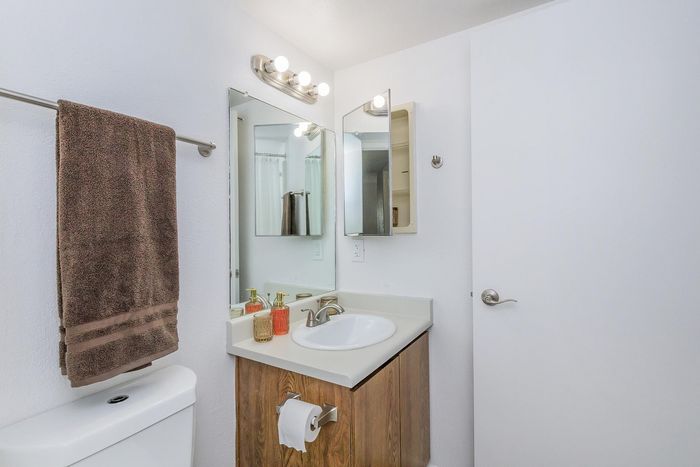 Bright and modern bathroom with elegant vanity, large mirror, and stylish lighting, offering a refreshing and inviting space.
