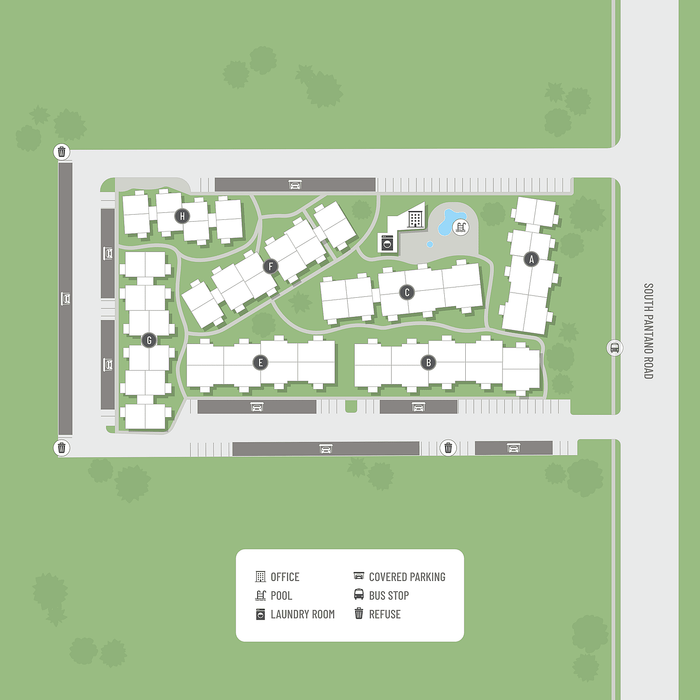 Inviting apartment complex layout with multiple buildings, a central pool, laundry room, office, covered parking, and convenient bus stop access.