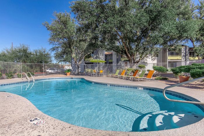 Inviting outdoor swimming pool with lounge chairs, surrounded by lush greenery and clear blue skies, ideal for relaxation and enjoying sunny days.