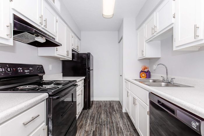 Modern galley kitchen with sleek black appliances, white cabinetry, and wood-style flooring, perfect for culinary enthusiasts.