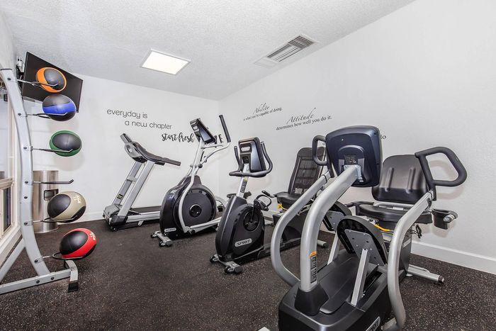 Modern fitness room equipped with state-of-the-art exercise bikes and vibrant medicine balls, featuring motivational wall quotes to inspire your workout.