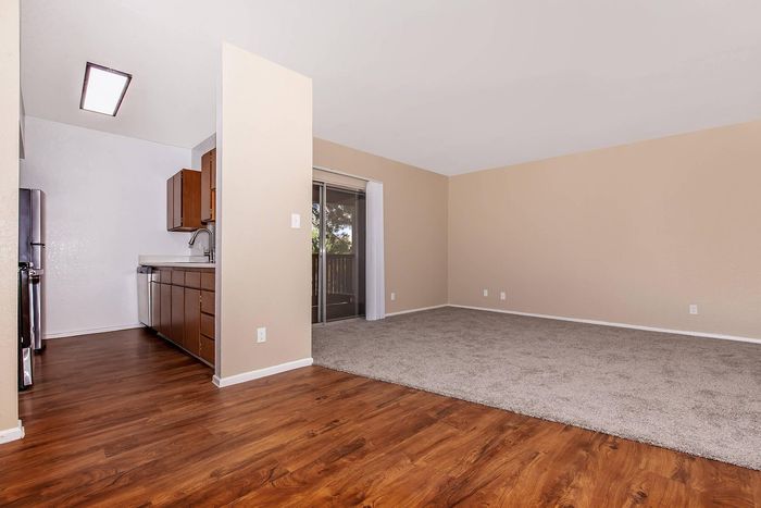 Spacious living area with beautiful hardwood floors and a cozy carpeted section, blending into an inviting kitchen with modern cabinetry and stainless steel appliances, enhanced by natural light from large sliding doors.
