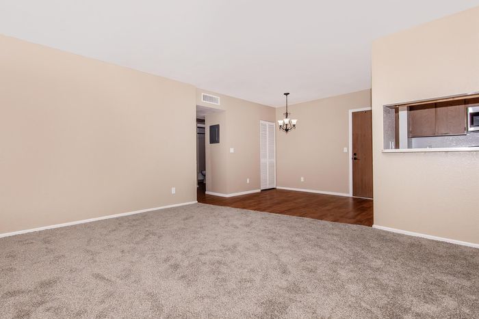 Bright and inviting apartment living area with plush carpet, elegant lighting, and an open view of the kitchen.