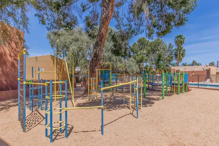 Inviting playground with colorful climbing structures and slides set in a sunny, tree-lined community area.