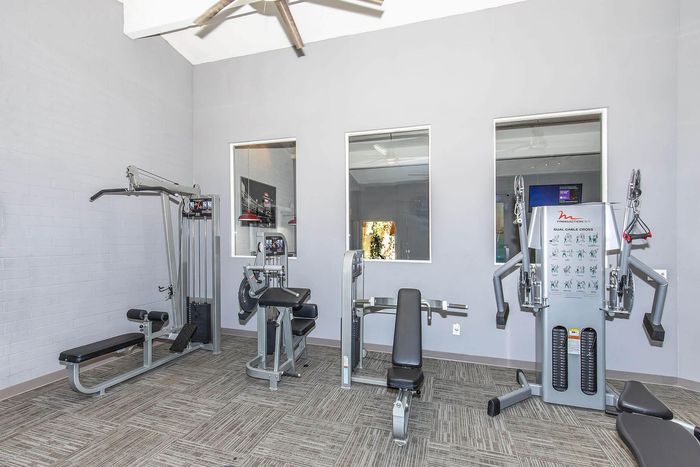 Modern fitness center featuring state-of-the-art gym equipment in a bright, inviting space.