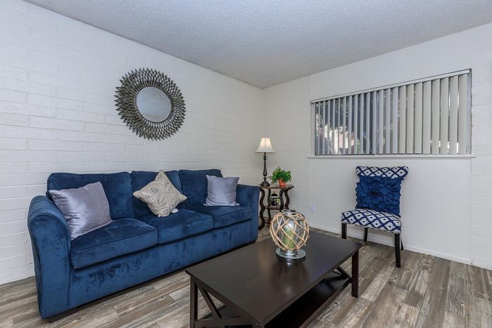 Cozy living room with a plush navy sofa, elegant decor, and modern lighting, perfect for relaxation.