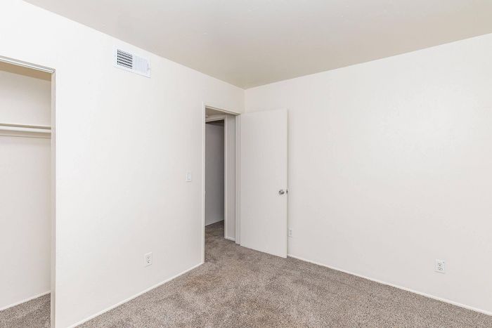 Bright and inviting empty room featuring soft carpet flooring and a spacious closet, perfect canvas for personalization.