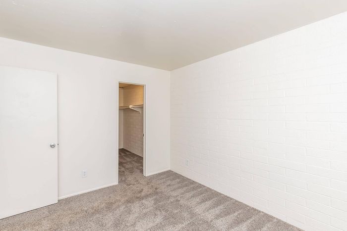 Bright and airy room with plush carpet flooring and spacious walk-in closet, perfect for modern living.