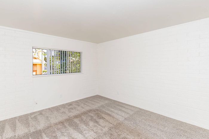 Bright, airy room with fresh white walls and plush carpet, perfect for creating a cozy living space.