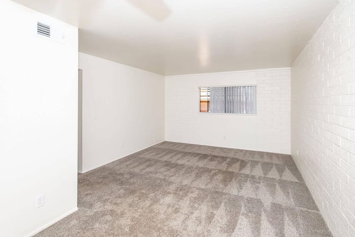 Spacious living room with plush carpet, neutral walls, and a modern window offering natural light.