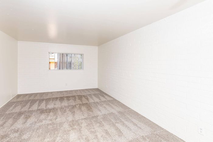 Spacious room with clean white walls and plush carpet, featuring a bright window for natural light.