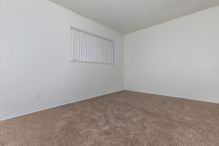 Bright, carpeted bedroom with a large window and clean white walls, offering a modern, spacious feel.