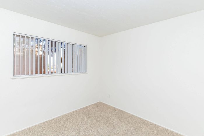 Bright, airy corner space featuring soft beige carpet and large window with vertical blinds.