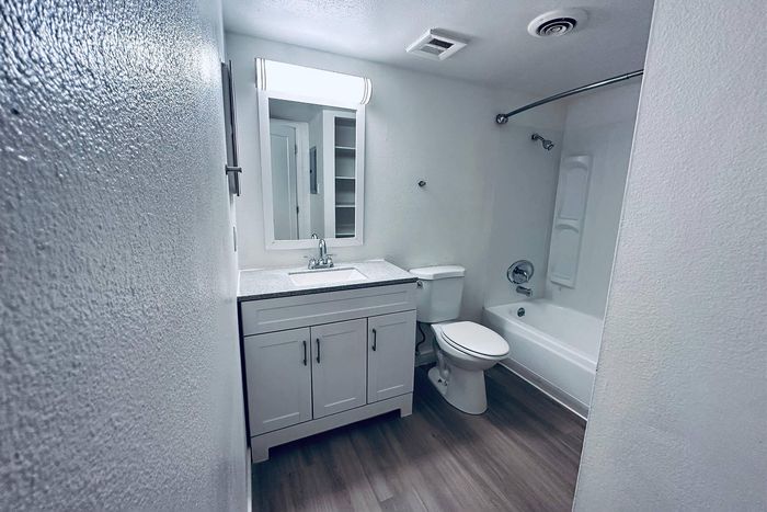 Modern bathroom featuring a sleek vanity with ample storage, elegant mirror, and a pristine bathtub, offering a stylish and functional space.