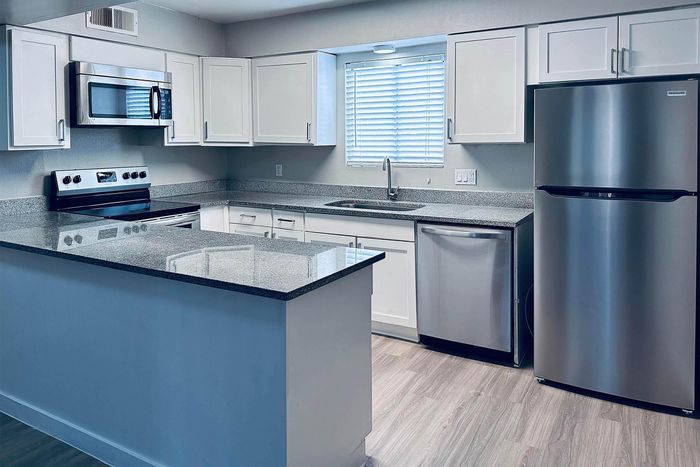Sleek modern kitchen with stainless steel appliances, granite countertops, and ample cabinet space.